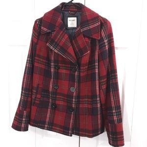Old Navy Plaid Wool Blend Double Breasted Pea Coat